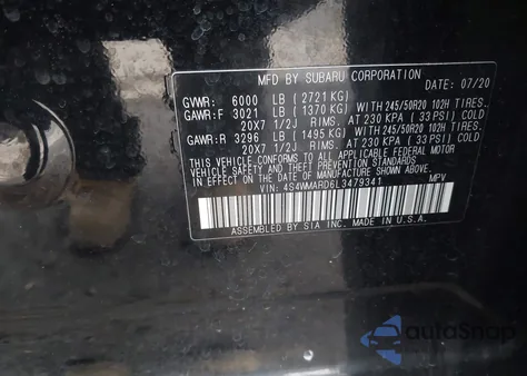 2020 Subaru Ascent Touring z USA, uszkodzony, nr VIN 4S4WMARD6L3479341